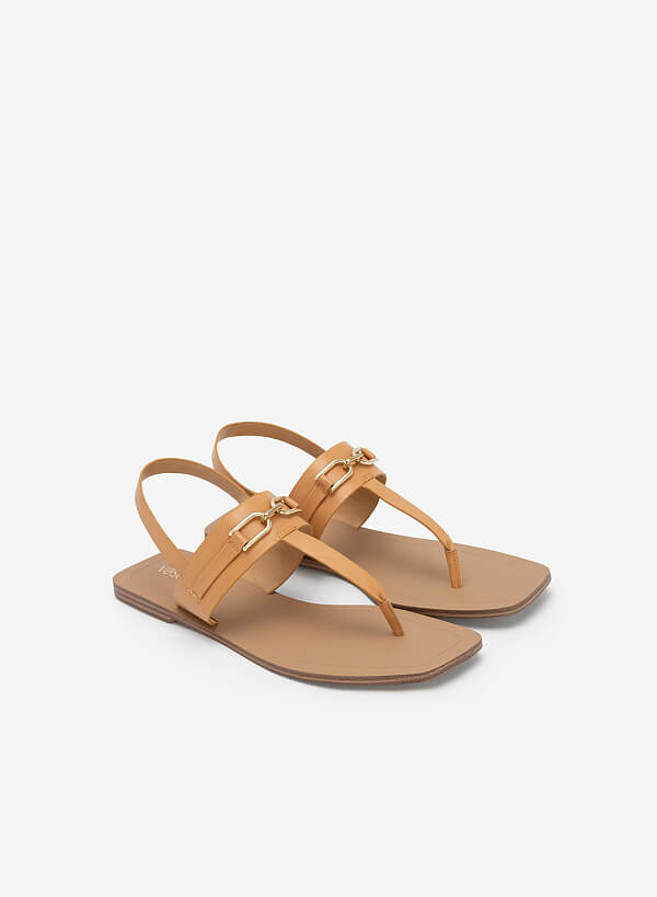 Chain Décor T-Strap Square Toe Sandals - SDL 0326 - Light Brown - VASCARA