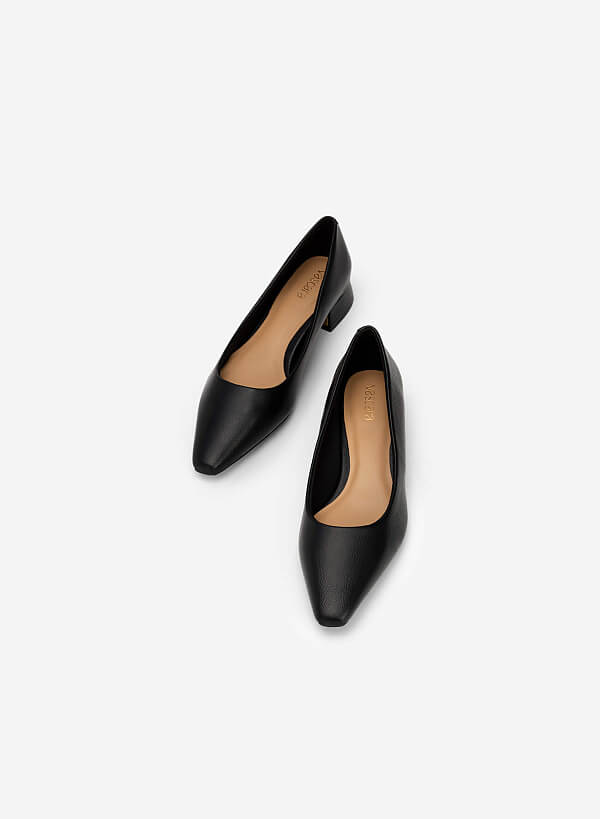 Metal Décor Block Heel Pointed Toe Pumps - HIG 0548 - Black - VASCARA