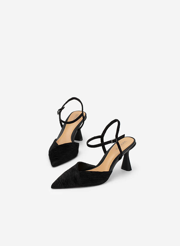 Spool Heel Pointed Toe Pleated Canvas Pumps - HIG 0549 - Black - VASCARA