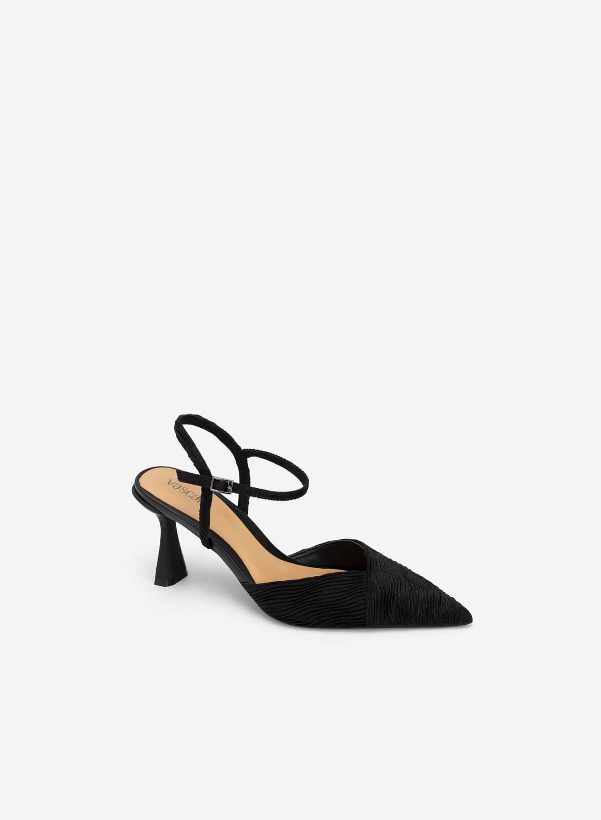 Spool Heel Pointed Toe Pleated Canvas Pumps - HIG 0549 - Black - vascara.com