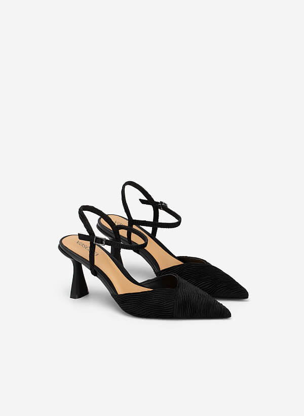 Spool Heel Pointed Toe Pleated Canvas Pumps - HIG 0549 - Black - VASCARA