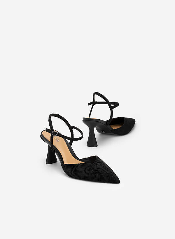 Spool Heel Pointed Toe Pleated Canvas Pumps - HIG 0549 - Black - VASCARA