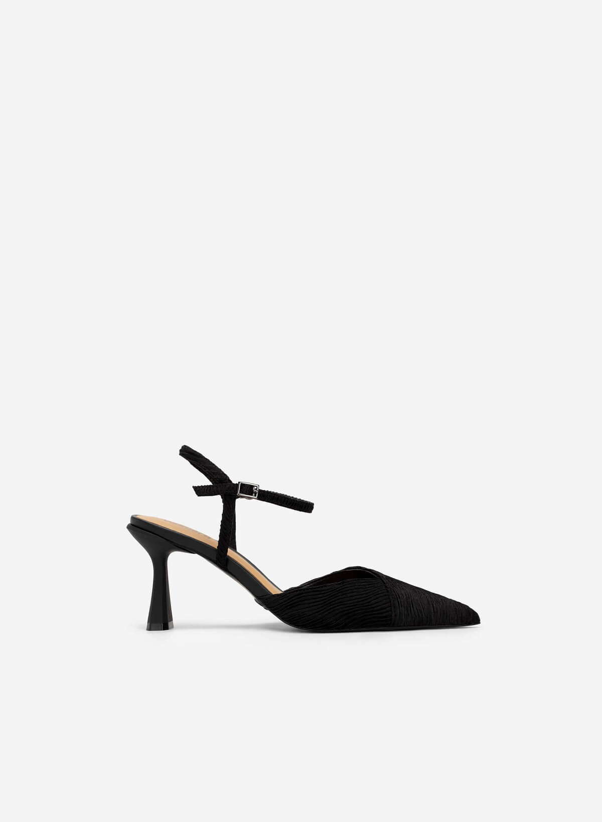 Spool Heel Pointed Toe Pleated Canvas Pumps - HIG 0549 - Black - vascara.com