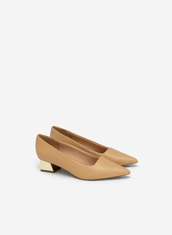 Gold Mirror Block Heel Pointed Toe Pumps - HIG 0535 - Beige - VASCARA