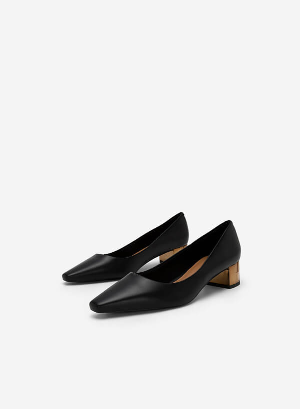 Geometric Carved Block Heel Pointed Toe Pumps - HIG 0545 - Black - VASCARA