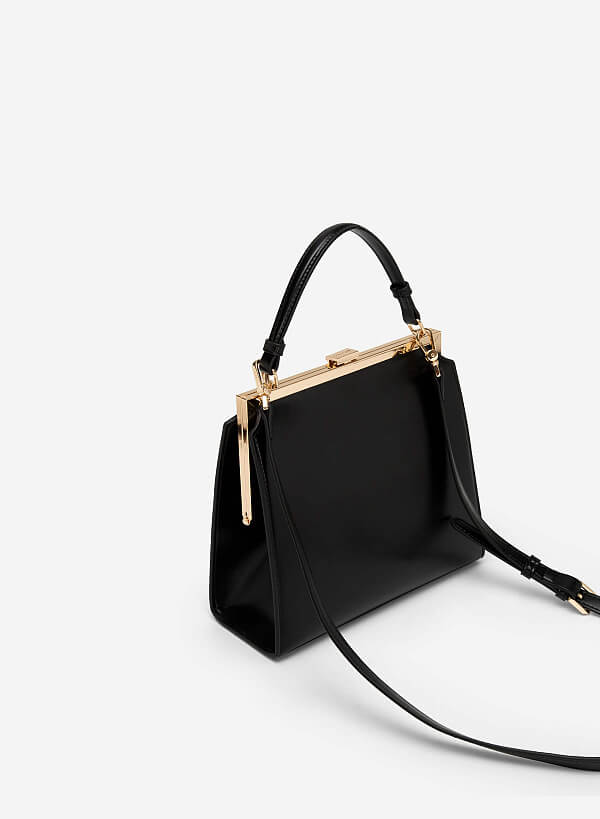Hinged Frame Metal Clasp Premium Tote Bag - TTE 0083 - Black - VASCARA
