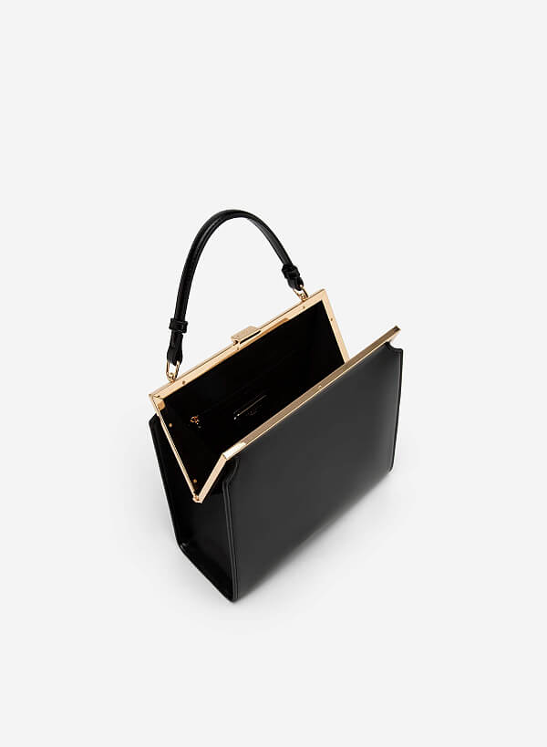 Hinged Frame Metal Clasp Premium Tote Bag - TTE 0083 - Black - VASCARA