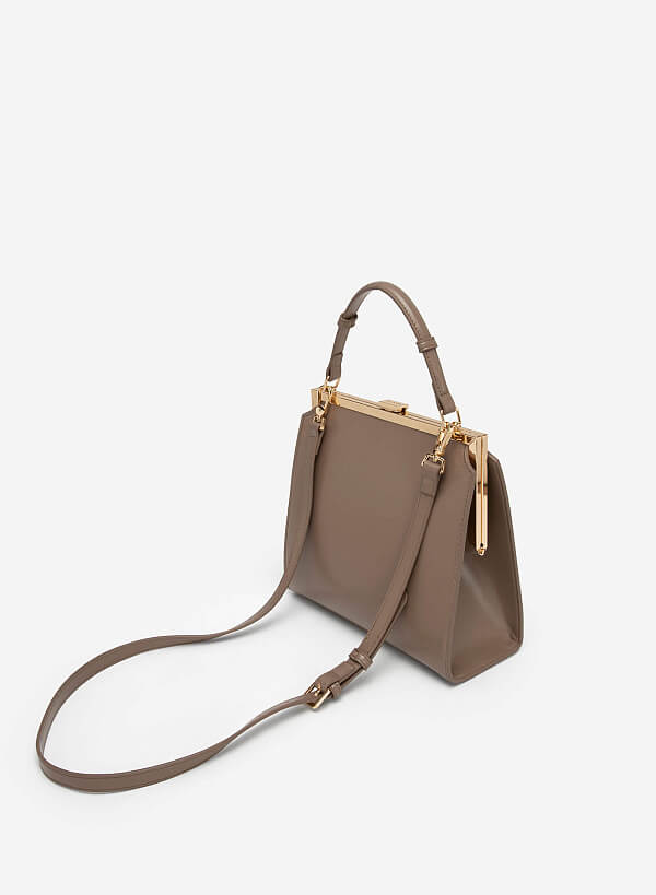 Hinged Frame Metal Clasp Premium Tote Bag - TTE 0083 - Dark beige - VASCARA
