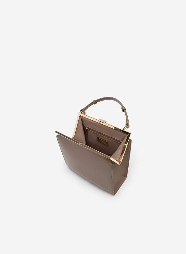 Hinged Frame Metal Clasp Premium Tote Bag - TTE 0083 - Dark beige - VASCARA