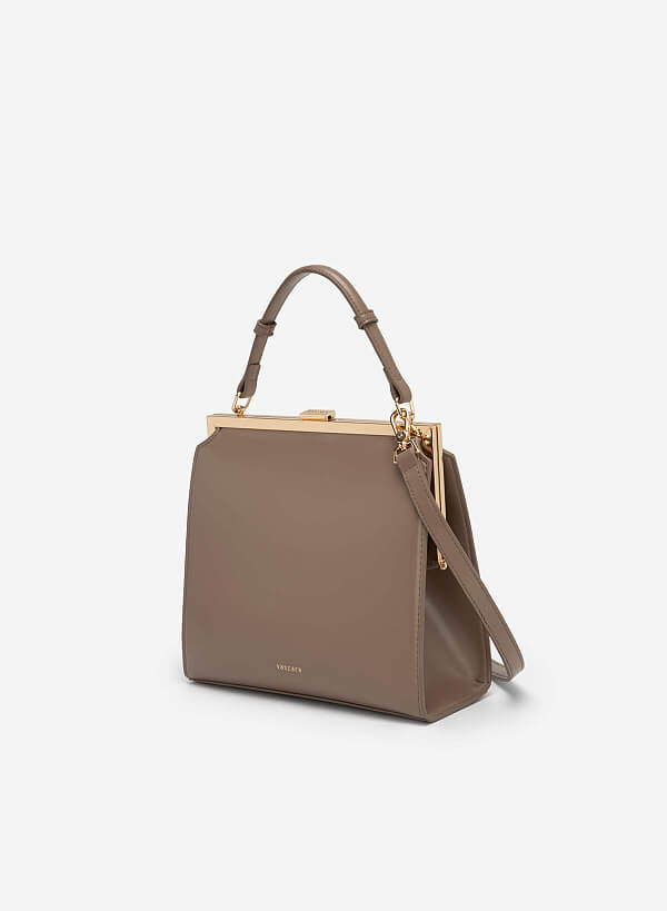 Hinged Frame Metal Clasp Premium Tote Bag - TTE 0083 - Dark beige - VASCARA
