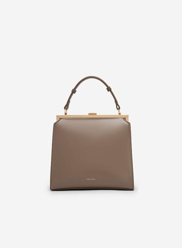Hinged Frame Metal Clasp Premium Tote Bag - TTE 0083 - Dark beige - VASCARA
