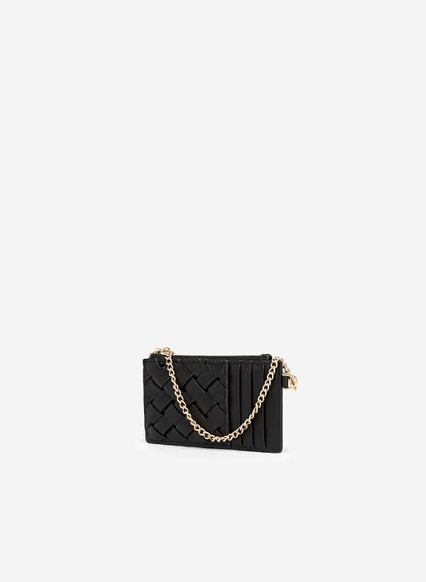 Chain Strap Diagonal Knit Multi-Compartment Wallet - WLL 0243 - Black - VASCARA