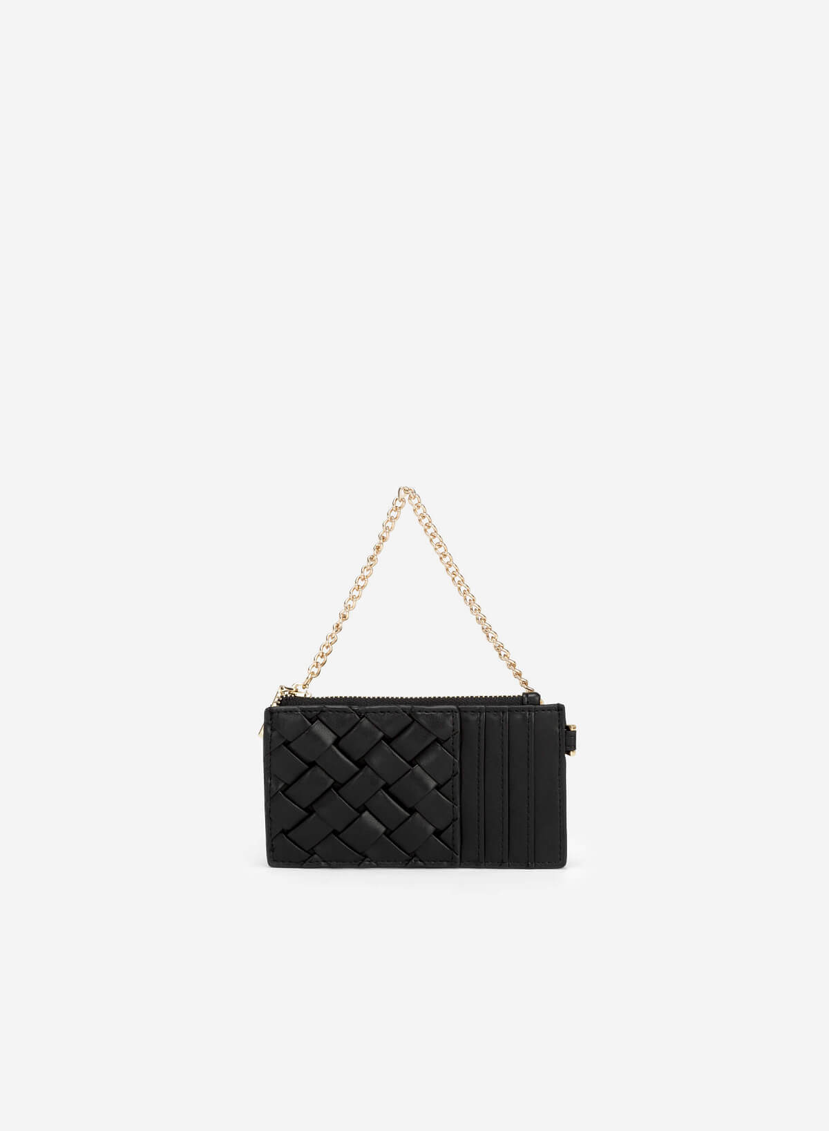 Chain Strap Diagonal Knit Multi-Compartment Wallet - WLL 0243 - Black - VASCARA