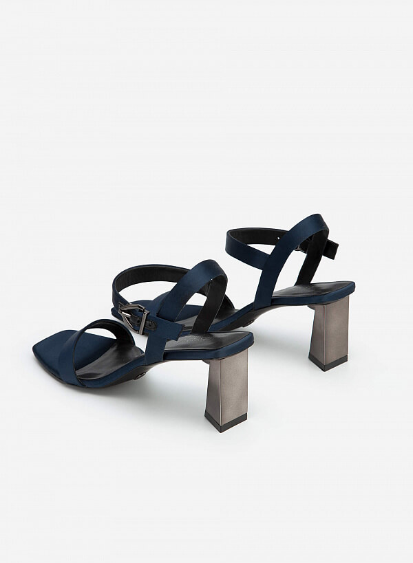 Giày Sandal Satin Gót Nhũ Geometric - SDN 0704 - Màu Xanh Navy - VASCARA