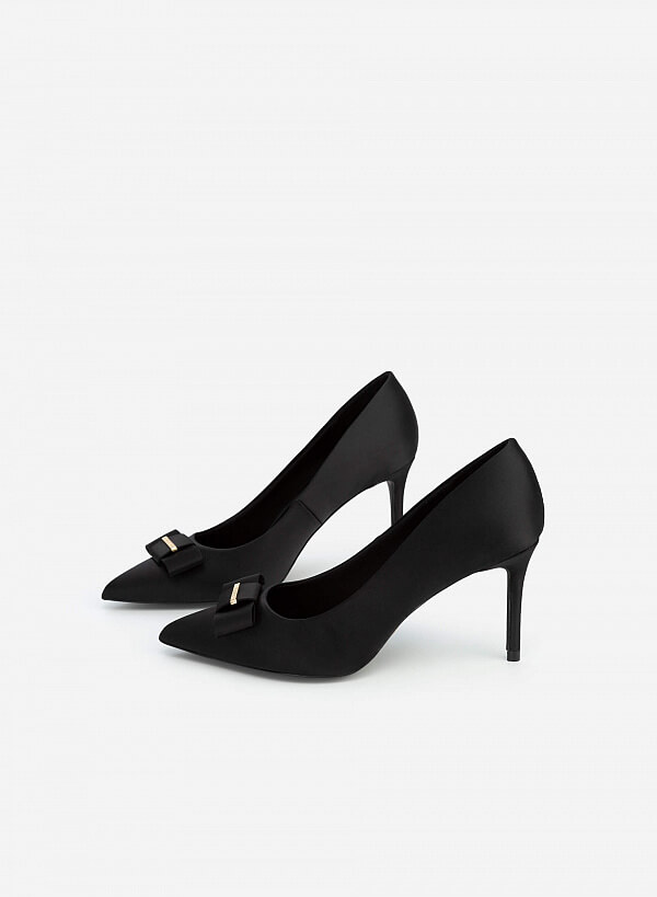 Giày Bít Mũi Nhọn Satin Đính Nơ - BMN 0504 - Màu Đen - VASCARA