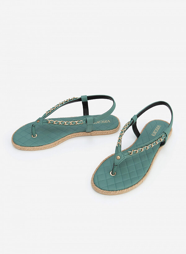 Sandal quai phối xích đế chần bông viền cói - SDK 0319 - Màu xanh lá - VASCARA