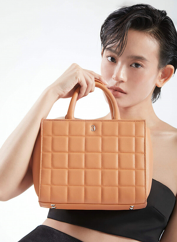 Túi Tote Viền Chỉ Nổi Caro Phối Chần Bông - TOT 0081 - Màu Cam Nhạt