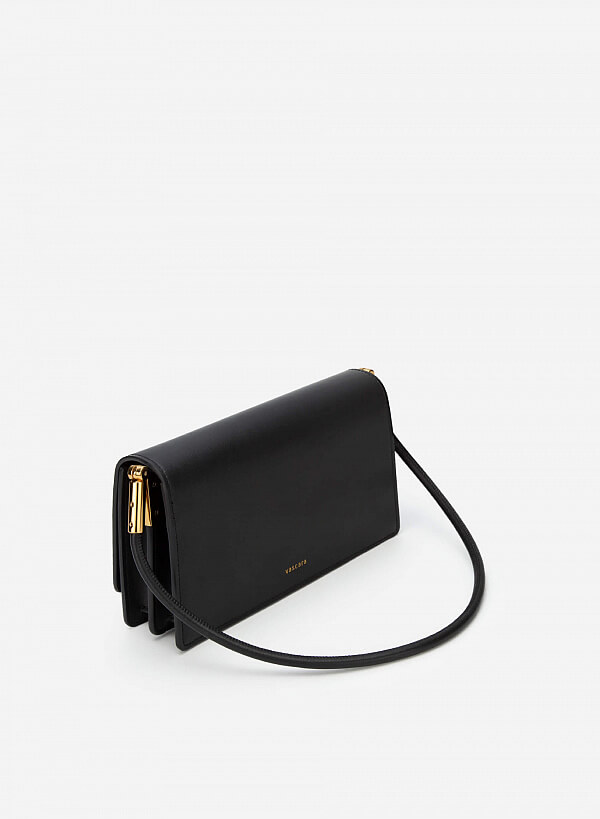 Túi xách leather nhiều ngăn quai phối gold - SAT 0291 - Màu đen - VASCARA