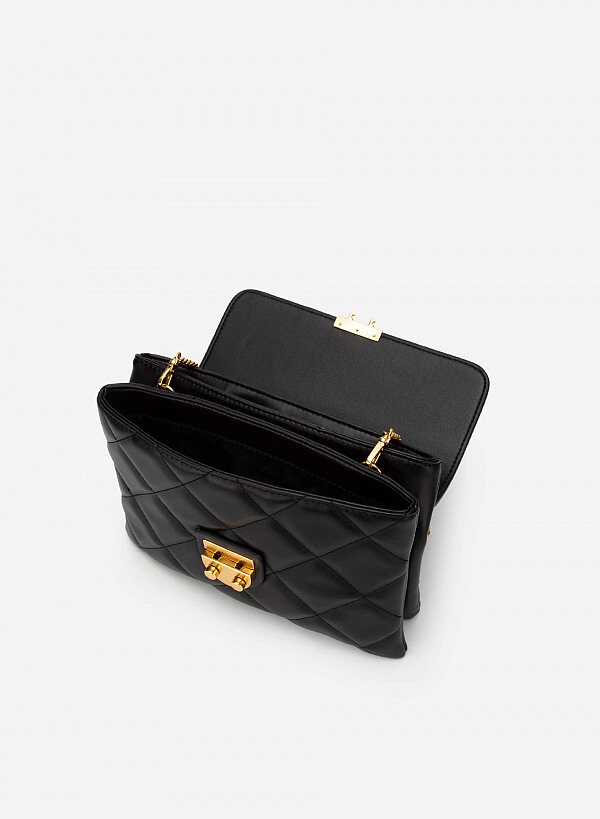 Túi đeo chéo phối chần bông khóa bán nguyệt - SHO 0174 - Màu đen - VASCARA