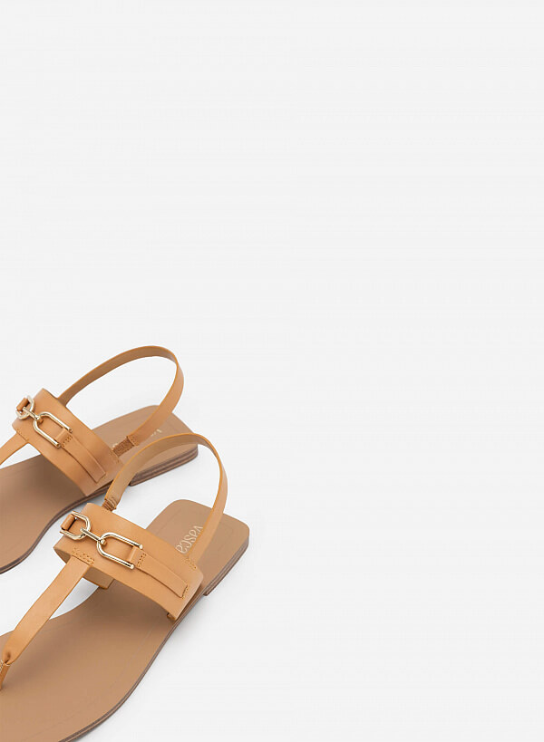 Giày sandal t-strap quai phối xích mũi vuông - SDK 0326 - Màu nâu sáng - VASCARA
