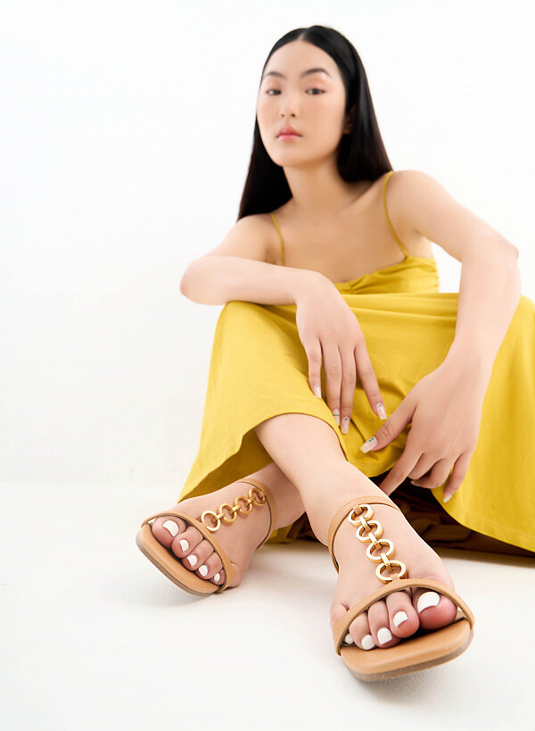 Giày Sandal Quai Đôi Phối Xích Kim Loại - SDK 0324 - Màu Nâu Sáng