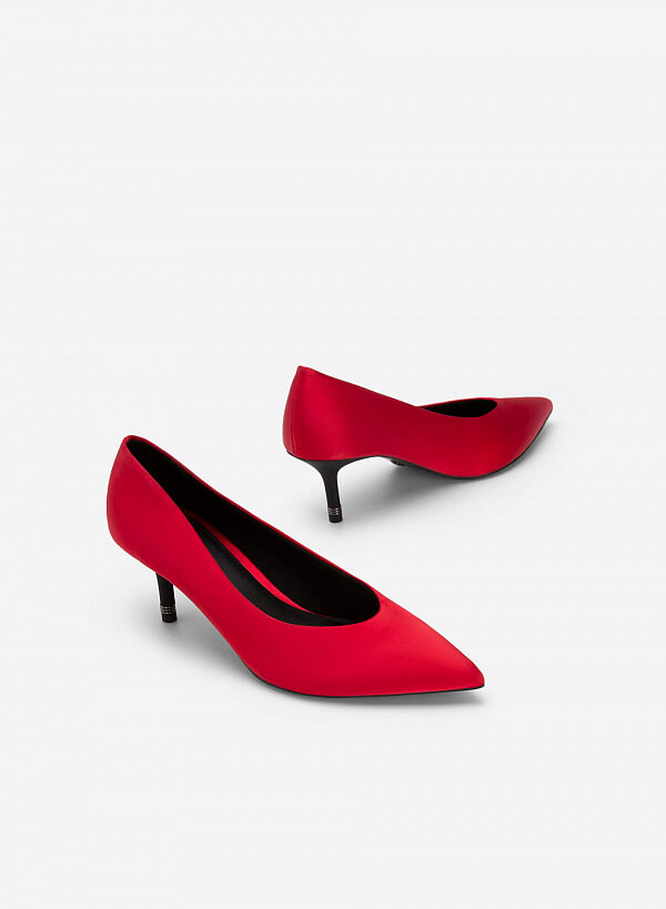Giày Bít Mũi Nhọn Satin Gót Phối Viền Kim Loại - BMN 0533 - Màu Đỏ - VASCARA