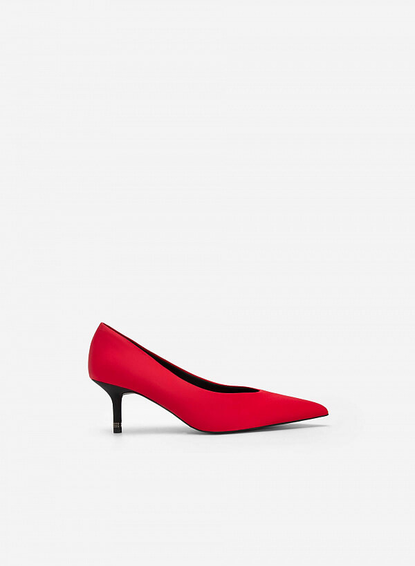 Giày bít mũi nhọn satin gót phối viền kim loại - BMN 0533 - Màu đỏ