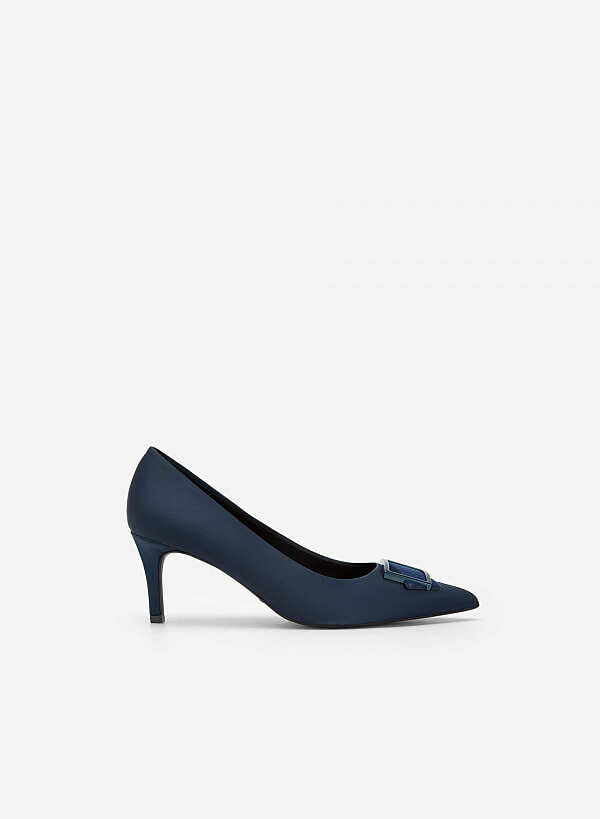Giày Bít Mũi Nhọn Satin Đính Khóa Vuông Phối Nhung - BMN 0532 - Màu Xanh Navy - VASCARA