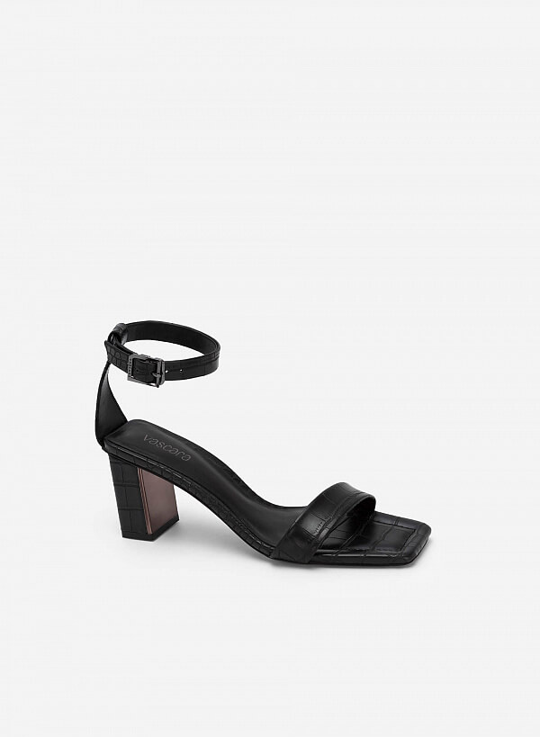Giày Ankle Strap Vân Da Cá Sấu Gót Trụ Phối Metallic - SDN 0713 - Màu Đen