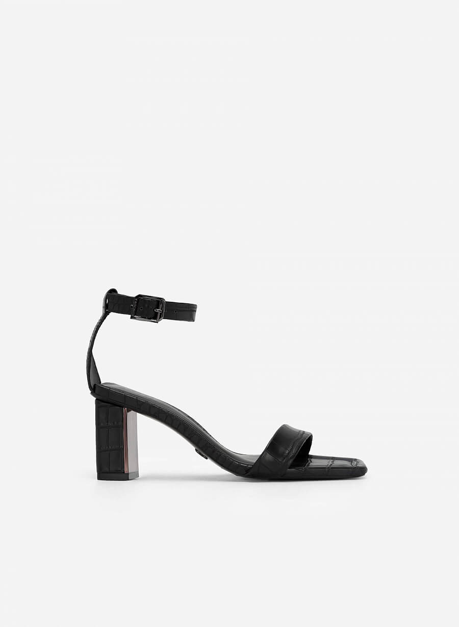 Giày ankle strap vân da cá sấu gót trụ phối metallic - SDN 0713 - Màu đen - vascara.com