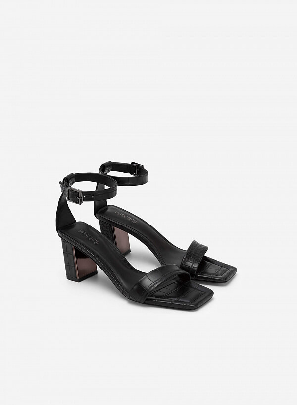 Giày Ankle Strap Vân Da Cá Sấu Gót Trụ Phối Metallic - SDN 0713 - Màu Đen - VASCARA