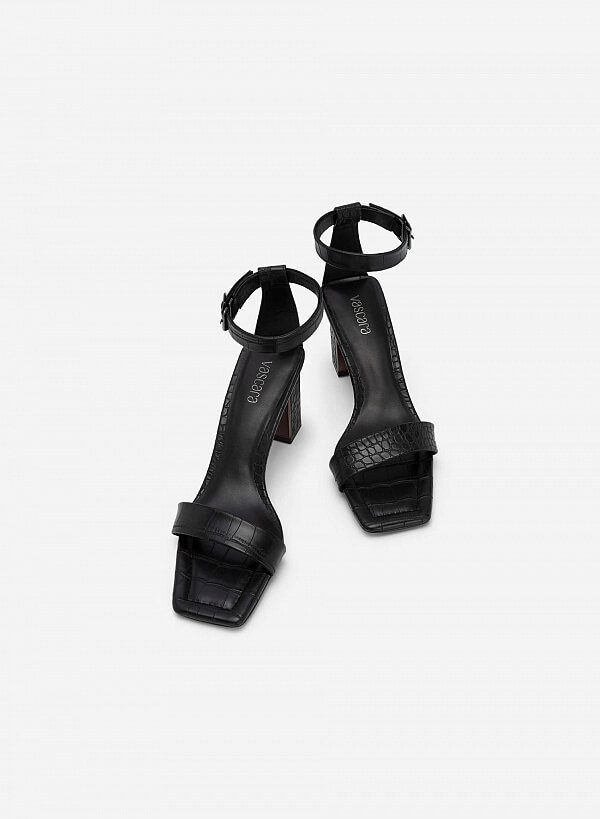 Giày Ankle Strap Vân Da Cá Sấu Gót Trụ Phối Metallic - SDN 0713 - Màu Đen - VASCARA