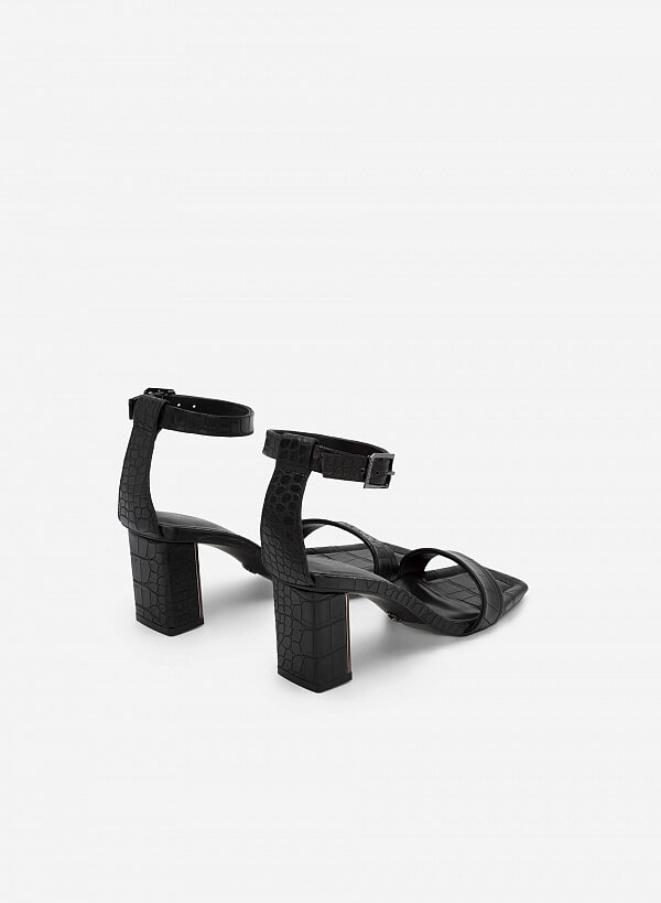 Giày Ankle Strap Vân Da Cá Sấu Gót Trụ Phối Metallic - SDN 0713 - Màu Đen - VASCARA
