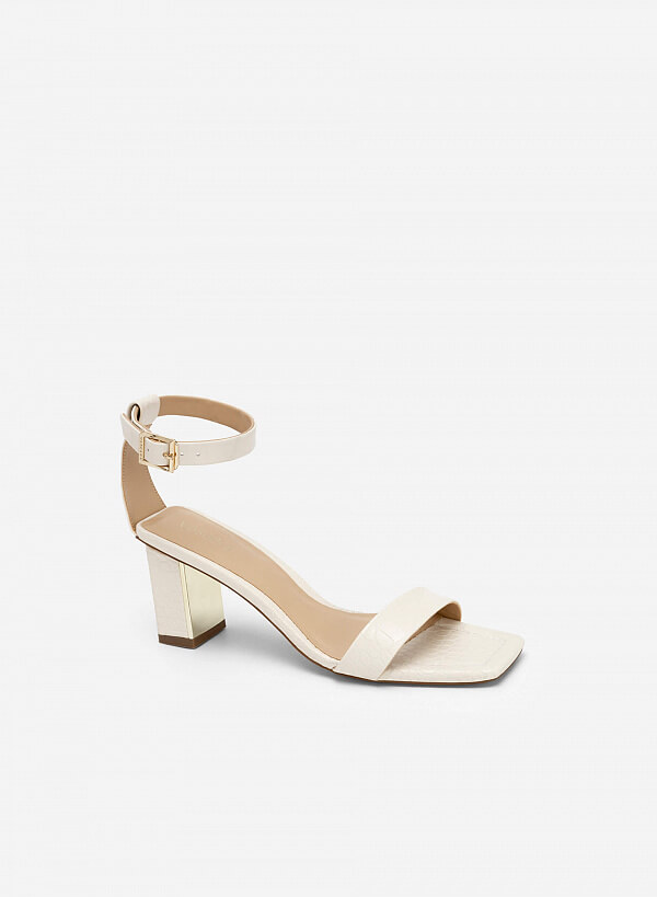 Giày Ankle Strap Vân Da Cá Sấu Gót Trụ Phối Metallic - SDN 0713 - Màu Kem