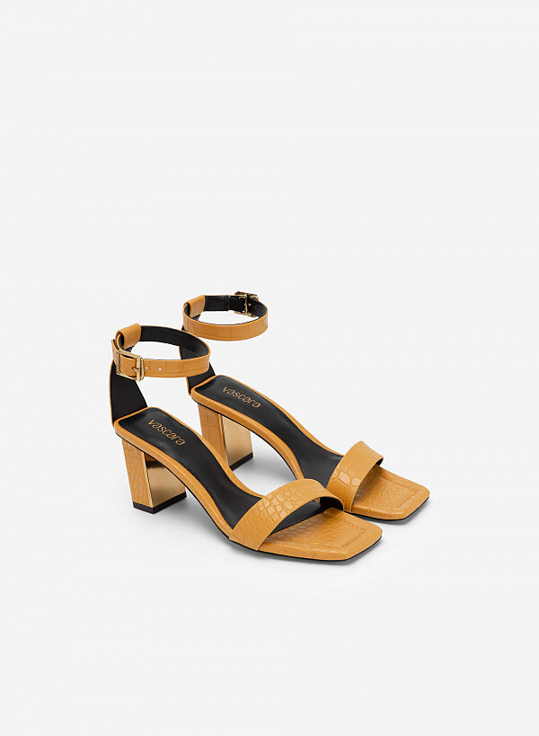 Giày Ankle Strap Vân Da Cá Sấu Gót Trụ Phối Metallic - SDN 0713 - Màu Vàng - VASCARA