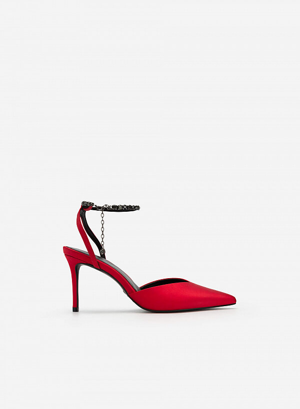 Giày ankle strap satin quai đính đá phối xích - BMN 0522 - Màu đỏ