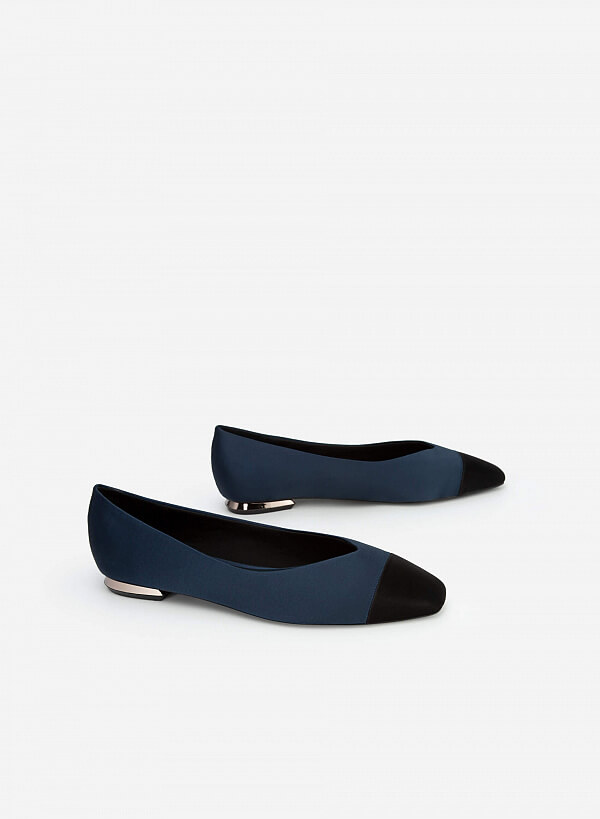 Giày Bít Mũi Vuông Satin Phối Da - BMN 0509 - Màu Xanh Navy - VASCARA