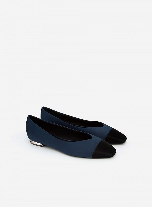 Giày Bít Mũi Vuông Satin Phối Da - BMN 0509 - Màu Xanh Navy - VASCARA