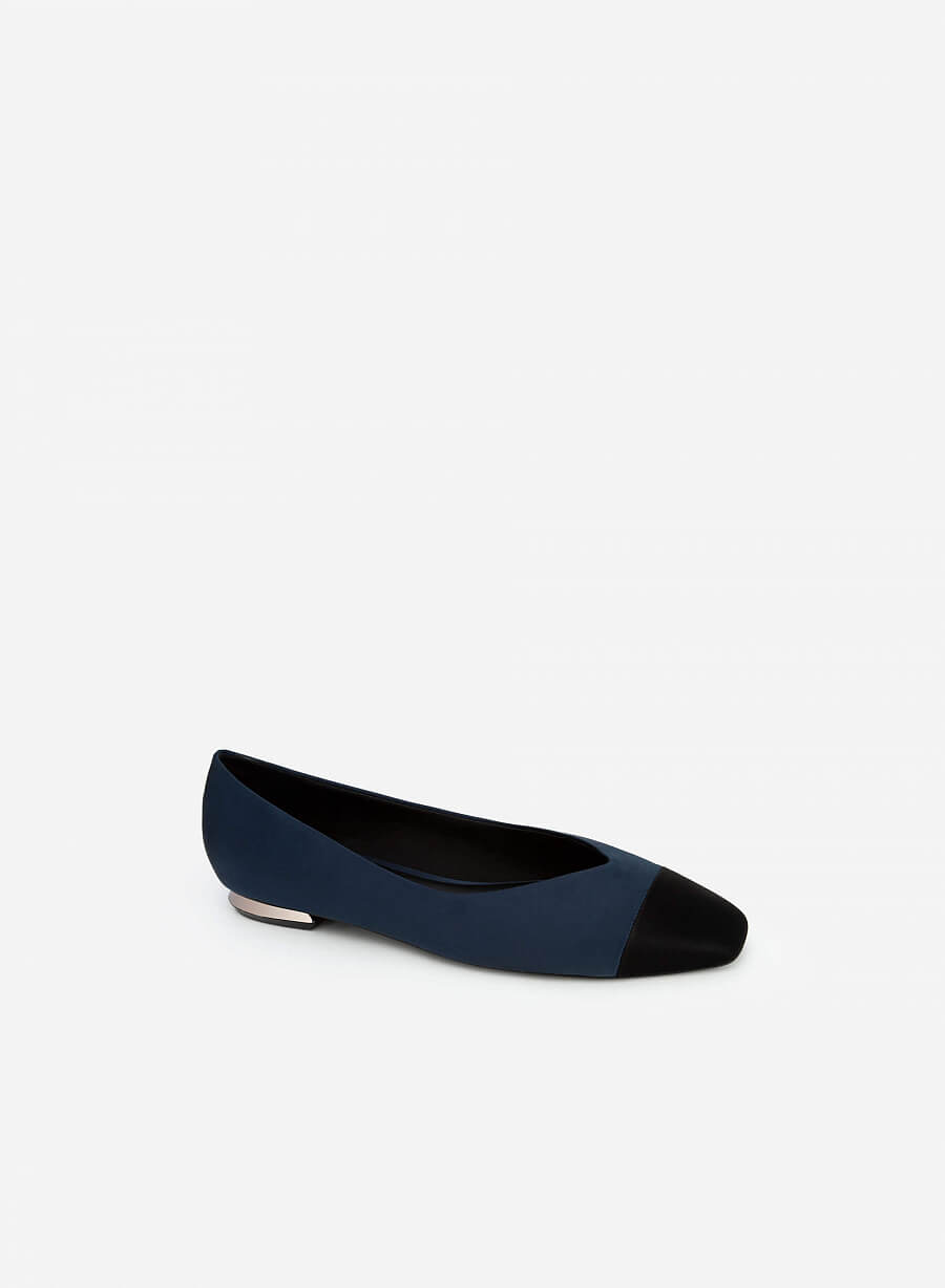Giày bít mũi vuông satin phối da - BMN 0509 - Màu xanh navy - vascara.com