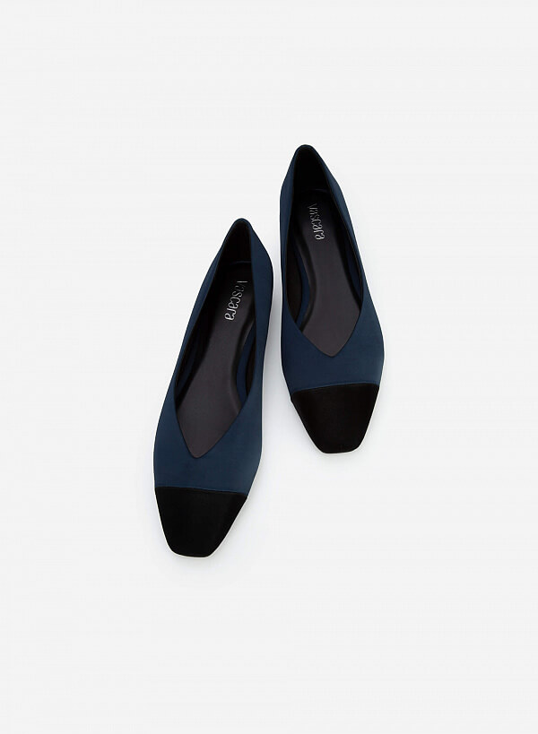 Giày Bít Mũi Vuông Satin Phối Da - BMN 0509 - Màu Xanh Navy - VASCARA