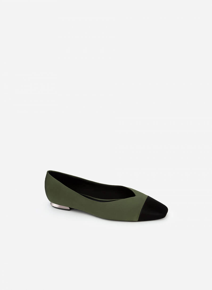 Giày bít mũi vuông satin phối da - BMN 0509 - Màu xanh rêu - vascara.com