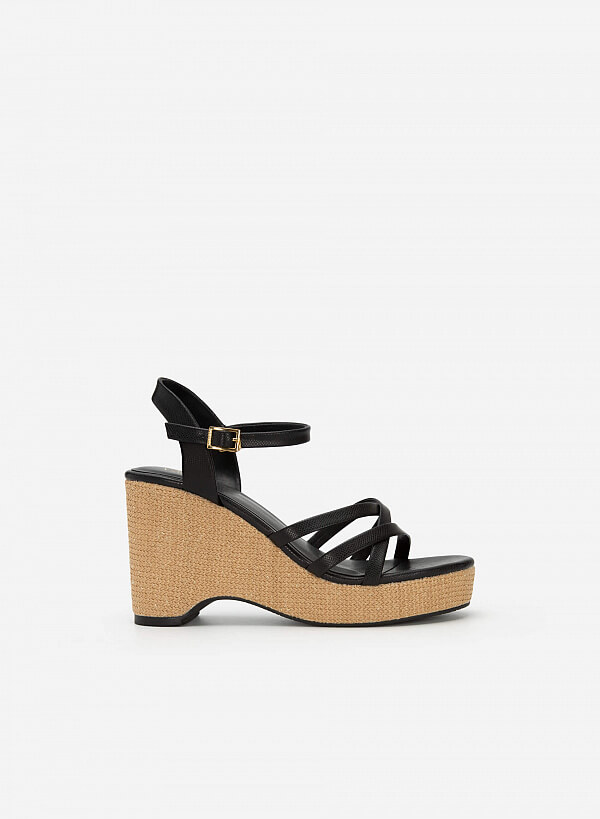 Giày Sandal Đế Xuồng Cói Quai Vân Da Kỳ Đà - SDX 0429 - Màu Đen