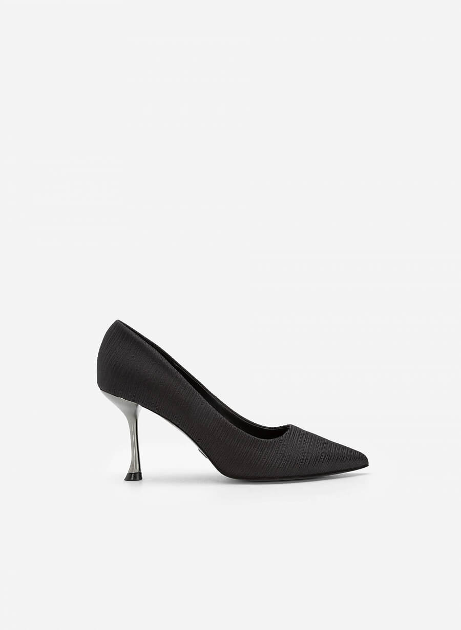 Giày Bít Mũi Nhọn Crinkle Satin Phối Metallic Spool Heel - BMN 0521 - Màu Đen - VASCARA