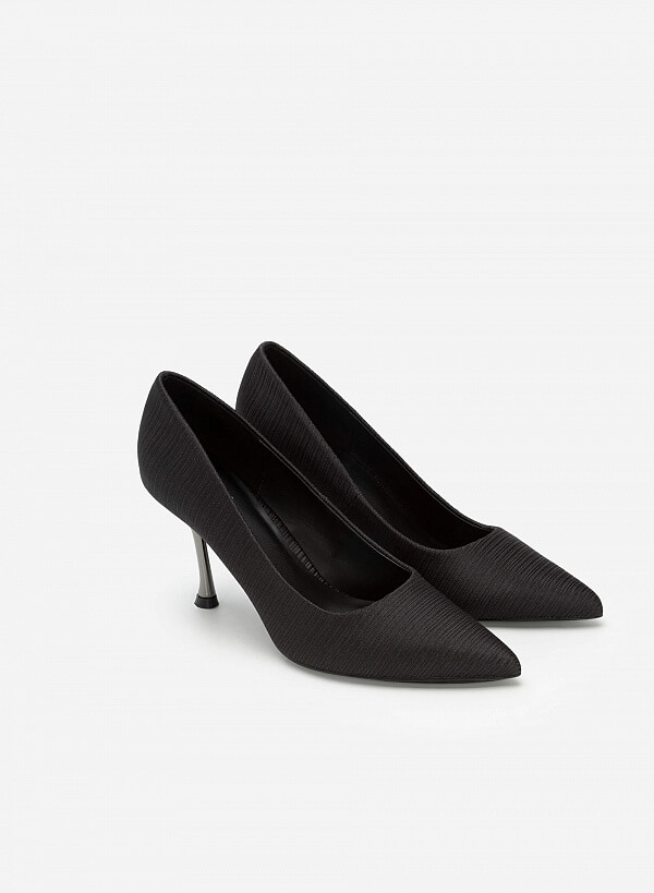 Giày Bít Mũi Nhọn Crinkle Satin Phối Metallic Spool Heel - BMN 0521 - Màu Đen - VASCARA