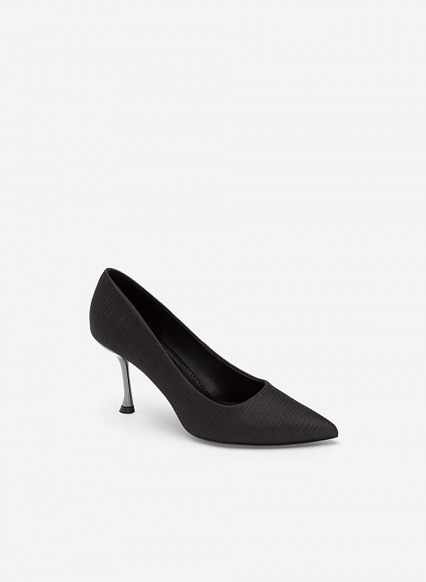Giày Bít Mũi Nhọn Crinkle Satin Phối Metallic Spool Heel - BMN 0521 - Màu Đen - VASCARA