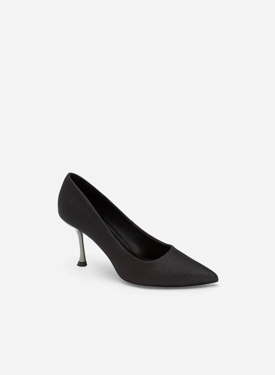 Giày Bít Mũi Nhọn Crinkle Satin Phối Metallic Spool Heel - BMN 0521 - Màu Đen - vascara.com