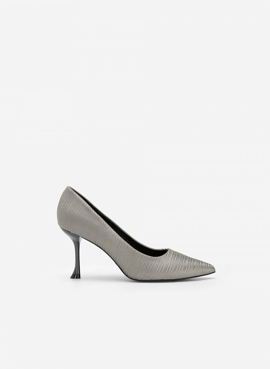 Giày bít mũi nhọn crinkle satin phối metallic spool heel - BMN 0521 - Màu xám - vascara.com