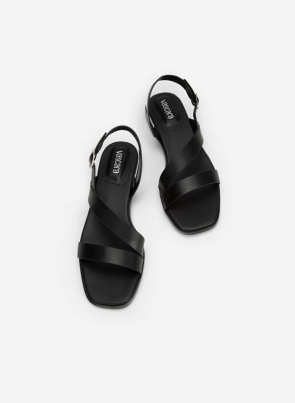 Giày sandal vân da kỳ đà gót trụ viền metallic - SDK 0323 - Màu đen - VASCARA