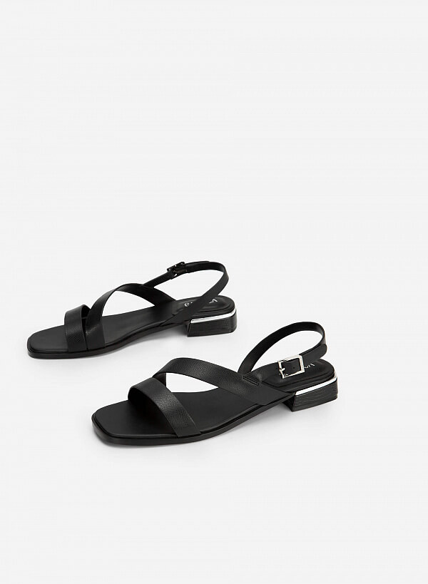 Giày sandal vân da kỳ đà gót trụ viền metallic - SDK 0323 - Màu đen - VASCARA