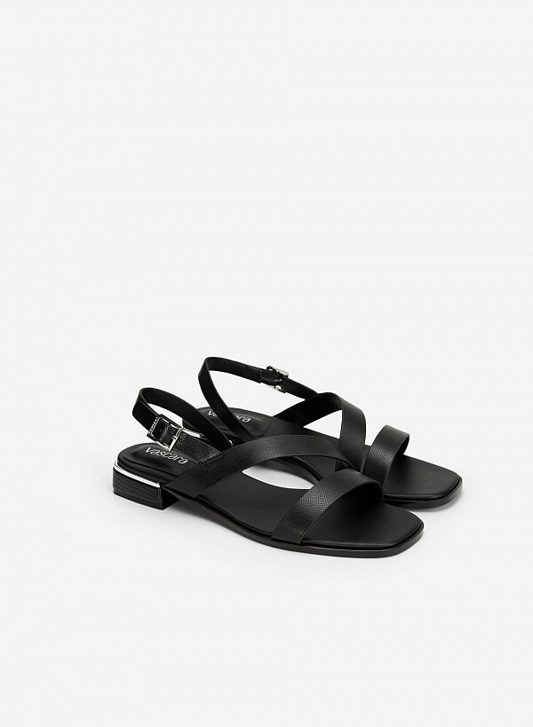 Giày sandal vân da kỳ đà gót trụ viền metallic - SDK 0323 - Màu đen - VASCARA